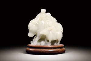 清‧和闐白玉童子牛擺件