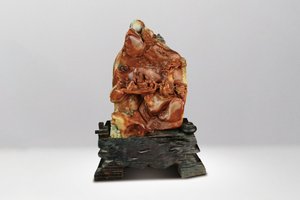 民國‧壽山紅雕聚賢缘山子擺件(附底座)